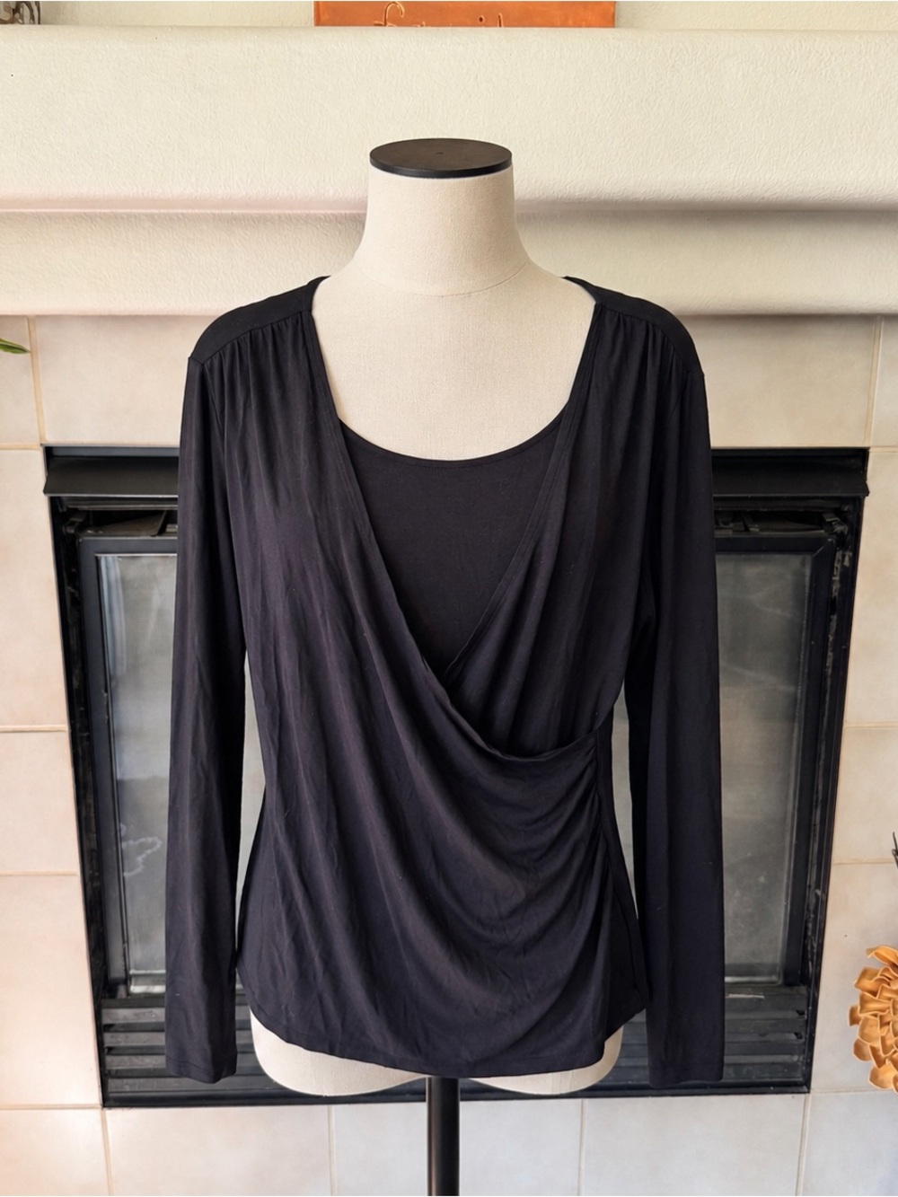 Coldwater Creek Black Draped Faux-Wrap Long Sleeve Tee